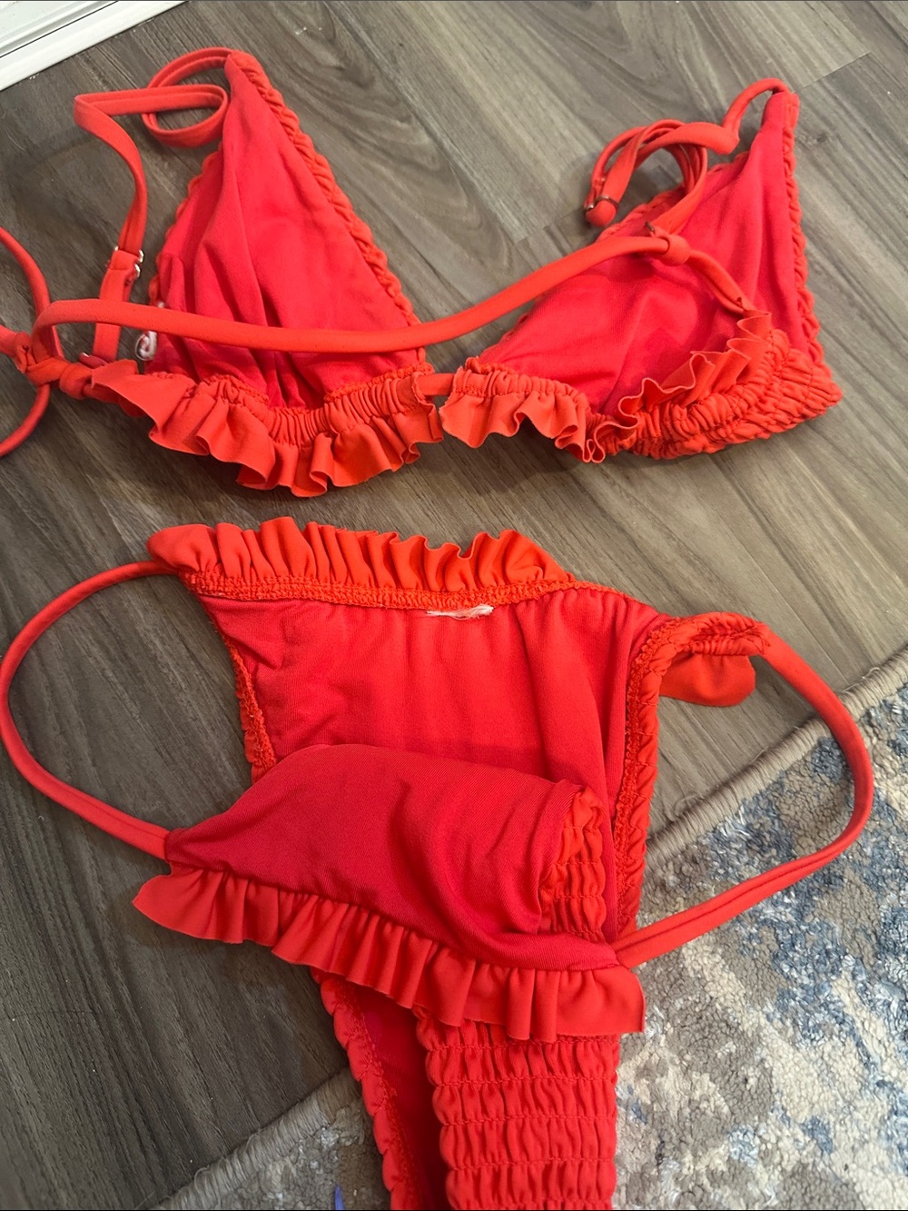 Topshop Smocked Ruffle Triangle Bikini Set - Coral Red - Picture 2 of 3